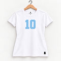 Orso 10 — feminina, camiseta branca, número azul-claro