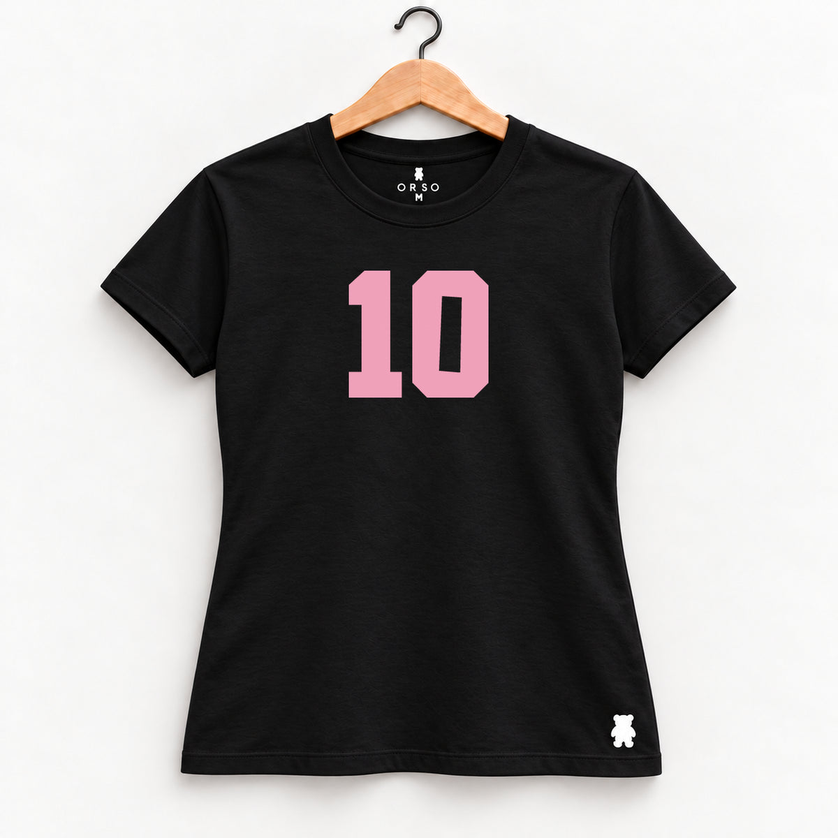 Orso 10 — feminina, camiseta preta, número rosa