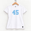 Orso 45 — feminina, camiseta branca, número azul-claro