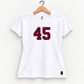 Orso 45 — feminina, camiseta branca, número bordo