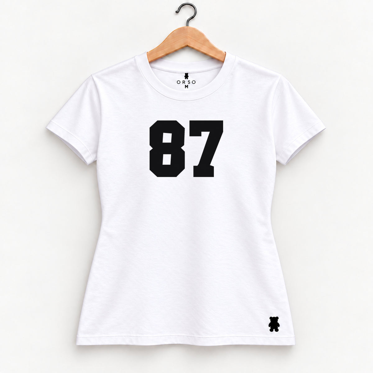 Orso 87 — feminina, camiseta branca, número contraste