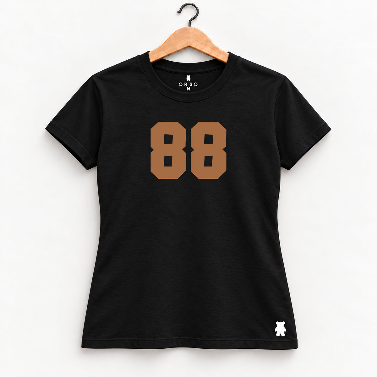 Orso 88 — feminina, camiseta preta, número marrom