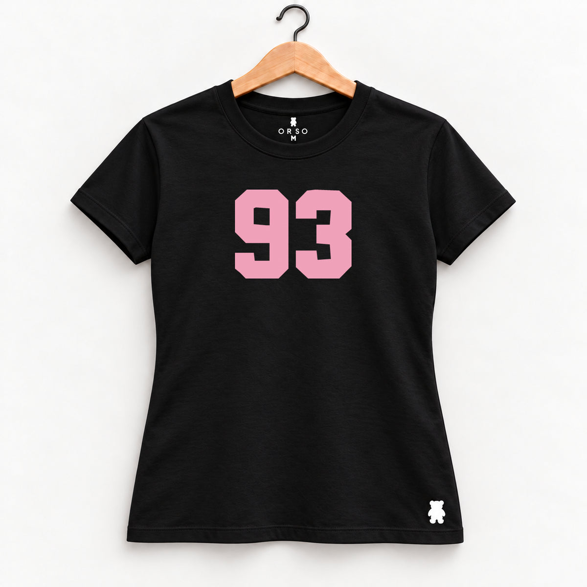 Orso 93 — feminina, camiseta preta, número rosa