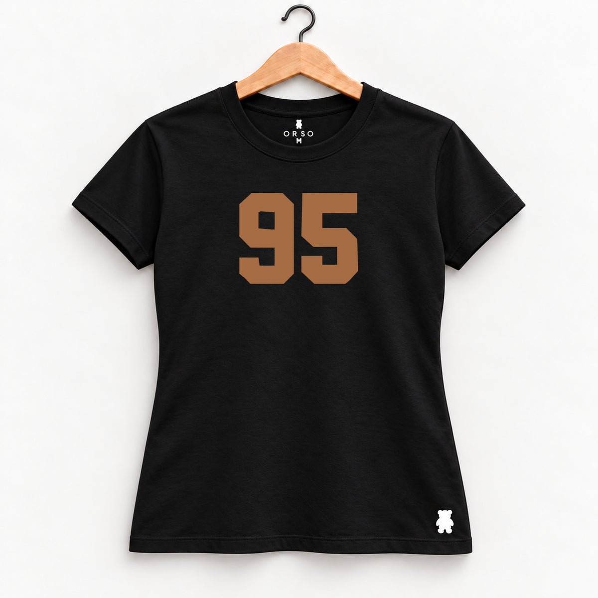 Orso 95 — feminina, camiseta preta, número marrom