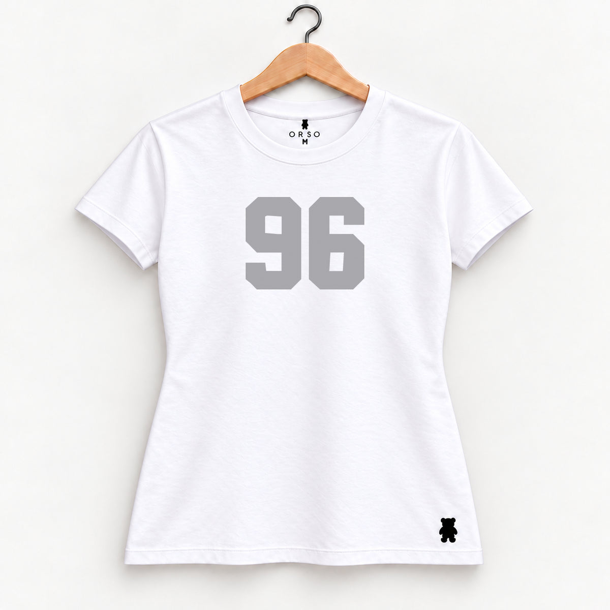 Orso 96 — feminina, camiseta branca, número cinza