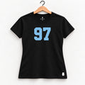 Orso 97 — feminina, camiseta preta, número azul-claro