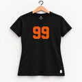 Orso 99 — feminina, camiseta preta, número alaranjado
