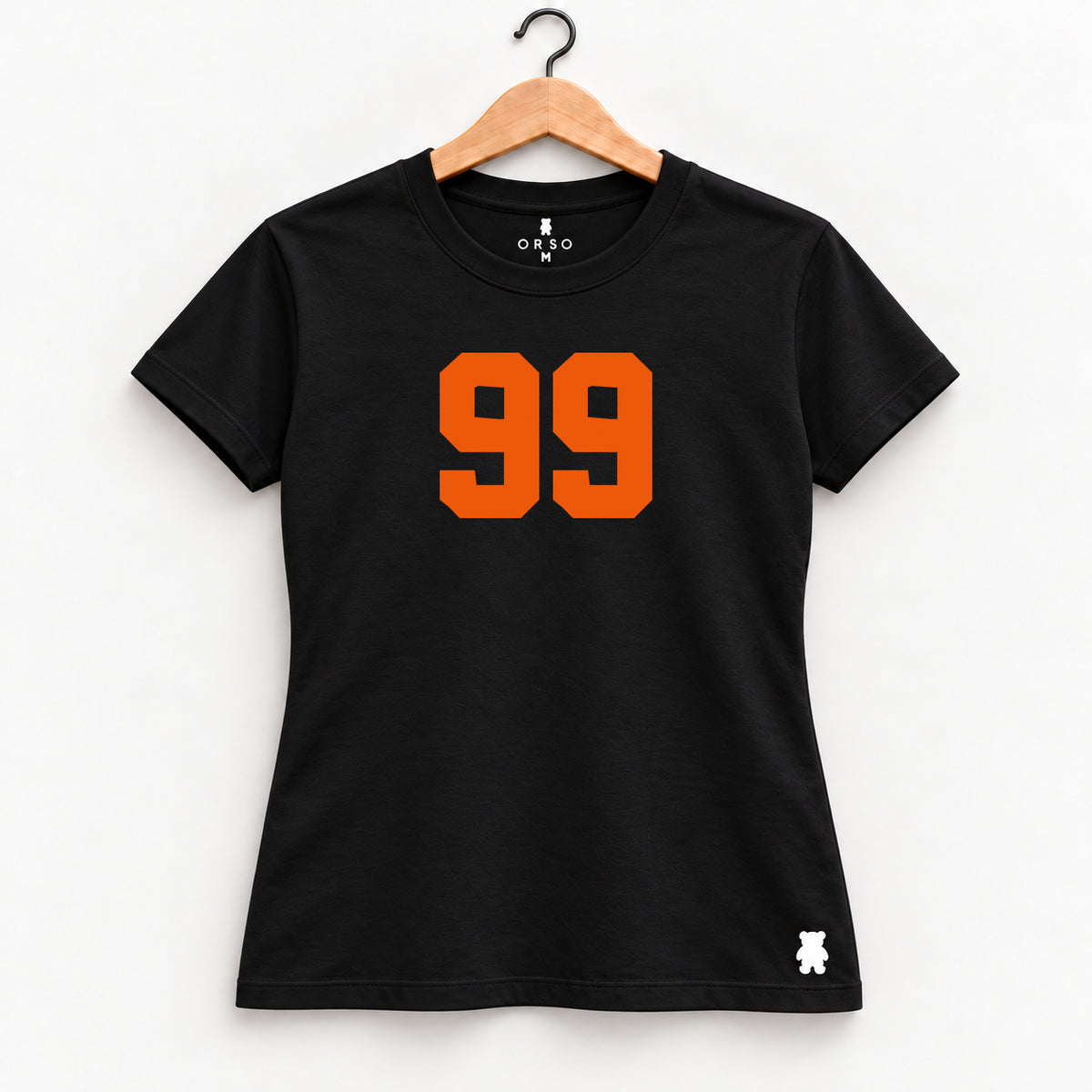 Orso 99 — feminina, camiseta preta, número alaranjado